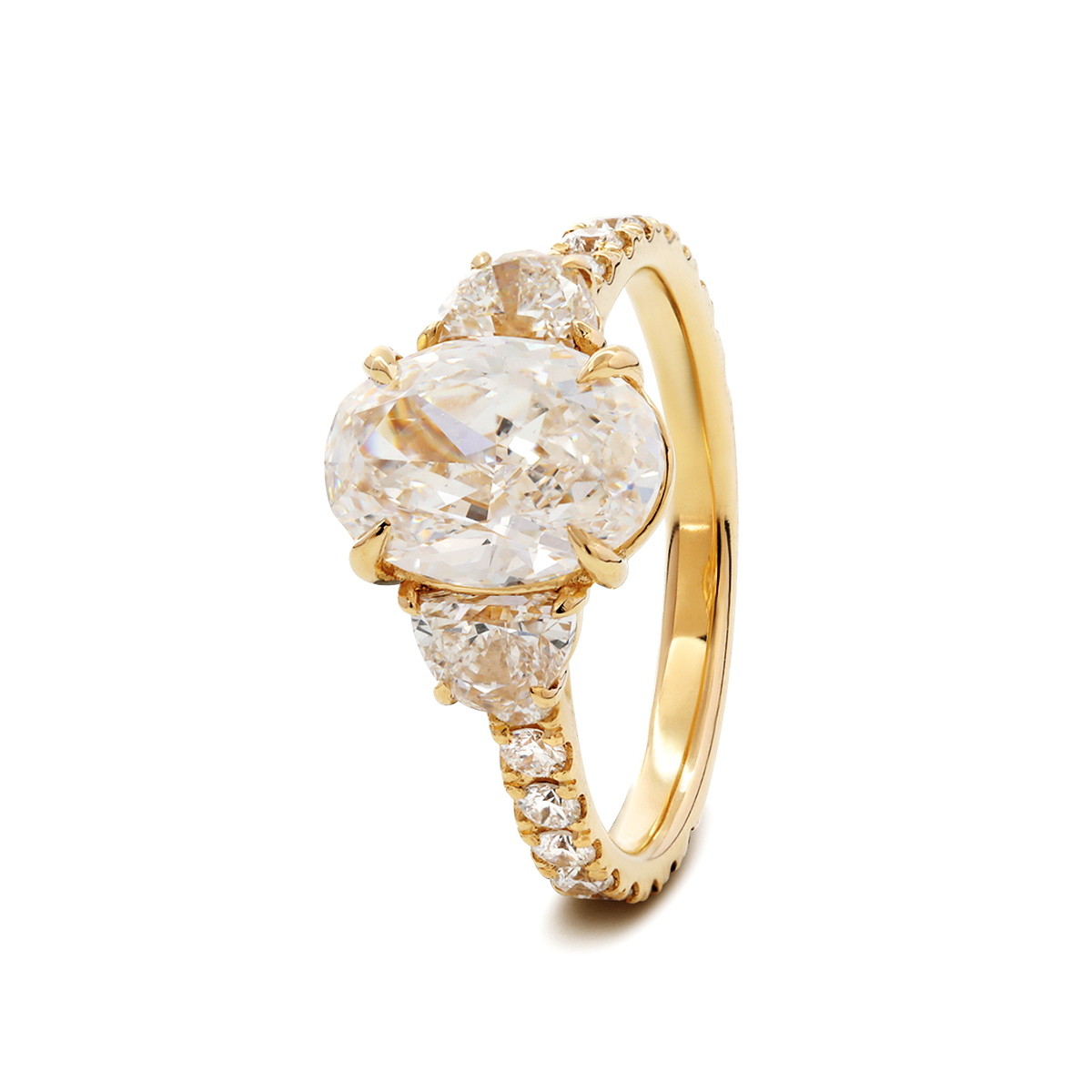 14K Yellow Gold 2ct Oval Lab Diamond Vintage Ring with Half Moon and Round Lab Diamond Side-stones Pave 14K Yellow Gold 2ct Oval Lab Diamond Vintage Ring with Half Moon and Round Lab Diamond Side-stones Pave