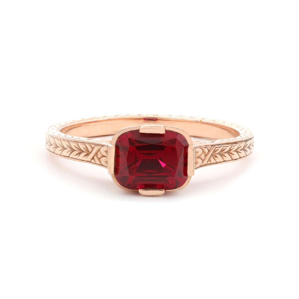 14K Rose Gold 1ct Elongated Cushion Pigeon Blood Lab Ruby Half Bezel Solitaire Ring 14K Rose Gold 1ct Elongated Cushion Pigeon Blood Lab Ruby Half Bezel Solitaire Ring