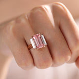 14K Rose and White Gold 13*6.5mm Emerald Cut Lab Pink Sapphire and Two Baguette Cut Lab Diamond Three Stone Cocktail Ring with Tapered Band 14K Rose and White Gold 13*6.5mm Emerald Cut Lab Pink Sapphire and Two Baguette Cut Lab Diamond Three Stone Cocktail Ring with Tapered Band