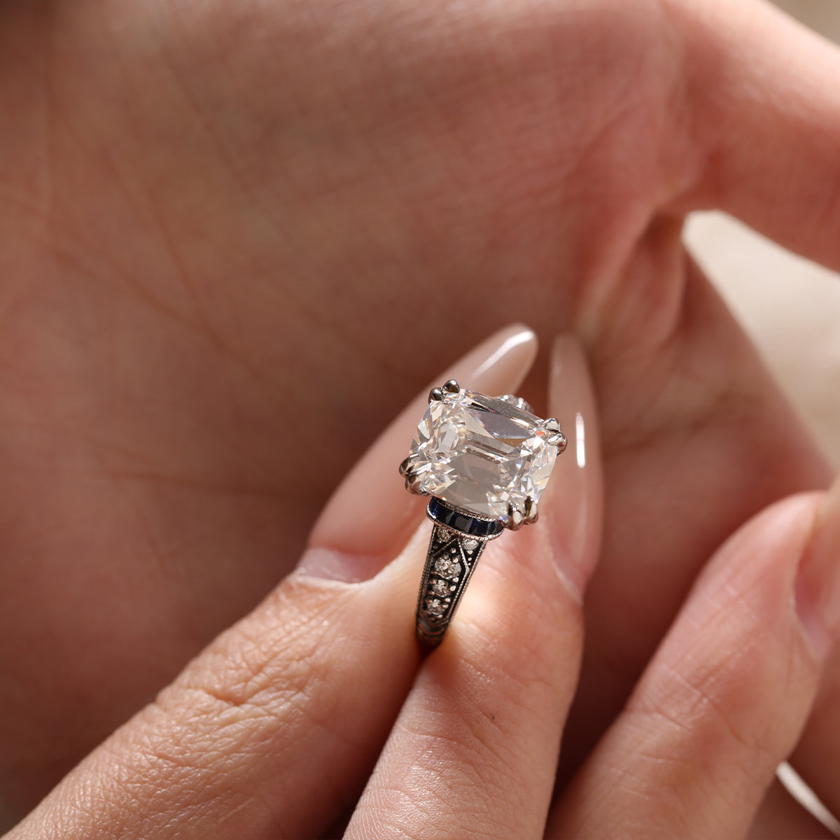 18K Gold 4.5ct Elongated Old Mine Cut Lab Diamond Antique-inspired Ring with Princess Cut Lab Sapphire & Round Cut Lab Diamond Side-stone 18K Gold 4.5ct Elongated Old Mine Cut Lab Diamond Antique-inspired Ring with Princess Cut Lab Sapphire & Round Cut Lab Diamond Side-stone
