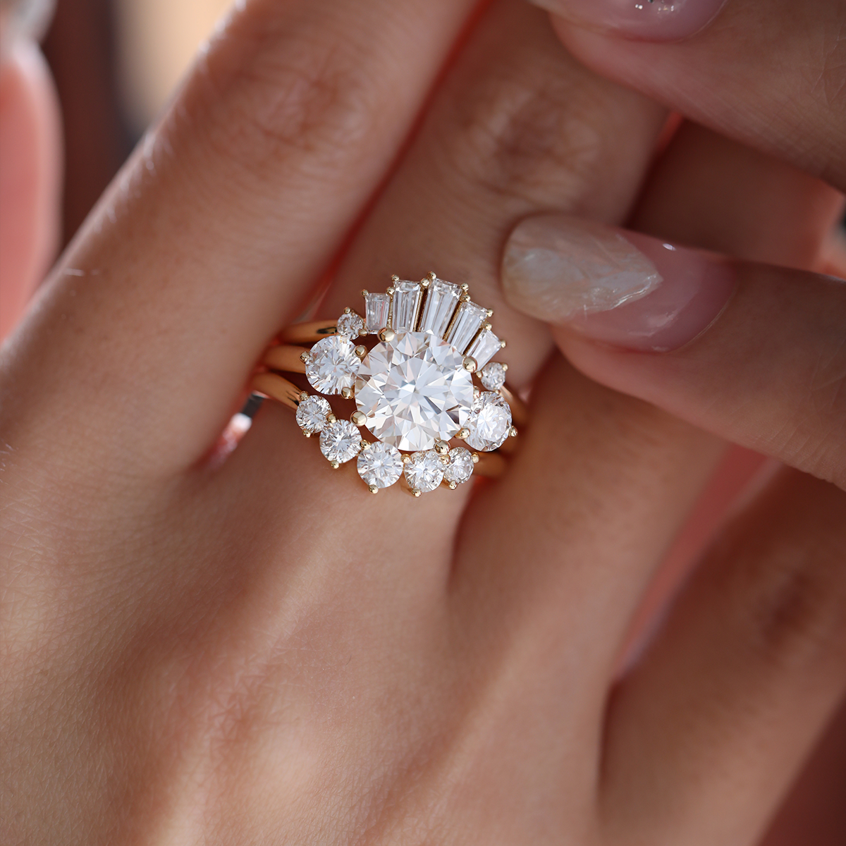 18K Yellow Gold 2.5ct Round Lab Diamond Round Prong Basket Three-stone Engagement Ring with Two Ring Enhancers in Bridal Ring Set Design 18K Yellow Gold 2.5ct Round Lab Diamond Round Prong Basket Three-stone Engagement Ring with Two Ring Enhancers in Bridal Ring Set Design