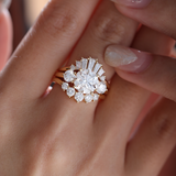 18K Yellow Gold 2.5ct Round Lab Diamond Round Prong Basket Three-stone Engagement Ring with Two Ring Enhancers in Bridal Ring Set Design 18K Yellow Gold 2.5ct Round Lab Diamond Round Prong Basket Three-stone Engagement Ring with Two Ring Enhancers in Bridal Ring Set Design