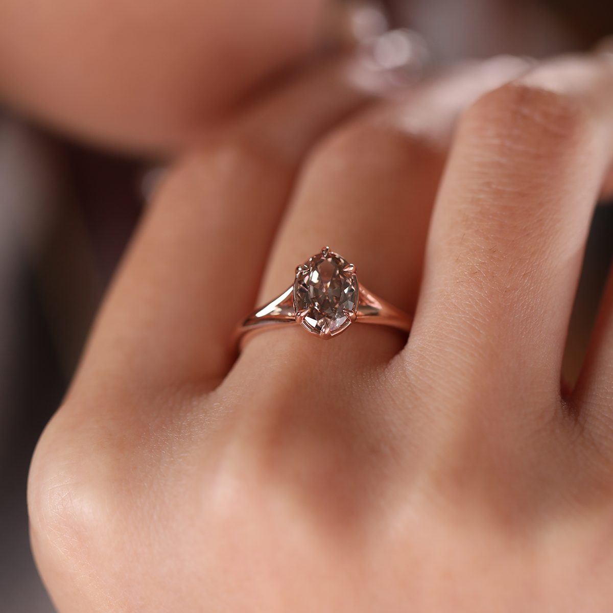 14K Rose Gold 1ct Oval Old Mine Cut Brown Lab Diamond 6 Claw Prong Cathedral Setting Solitaire Ring 14K Rose Gold 1ct Oval Old Mine Cut Brown Lab Diamond 6 Claw Prong Cathedral Setting Solitaire Ring