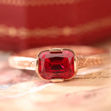 14K Rose Gold 1ct Elongated Cushion Pigeon Blood Lab Ruby Half Bezel Solitaire Ring 14K Rose Gold 1ct Elongated Cushion Pigeon Blood Lab Ruby Half Bezel Solitaire Ring