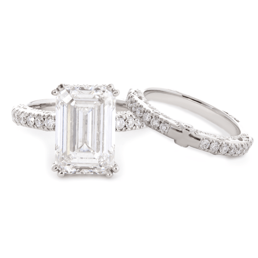 14K Yellow Gold 4ct Emerald Cut Lab Diamond Hidden Halo Victorian Antique Bridal Set Rings Platinum