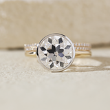 14K Yellow and White Gold 3.5ct Old European Cut Lab Diamond Bezel Engagement Ring with A Round Lab Diamond Double Row Pave Half Eternity Wedding Band - Bridal Ring Set Design 14K Yellow and White Gold 3.5ct Old European Cut Lab Diamond Bezel Engagement Ring with A Round Lab Diamond Double Row Pave Half Eternity Wedding Band - Bridal Ring Set Design