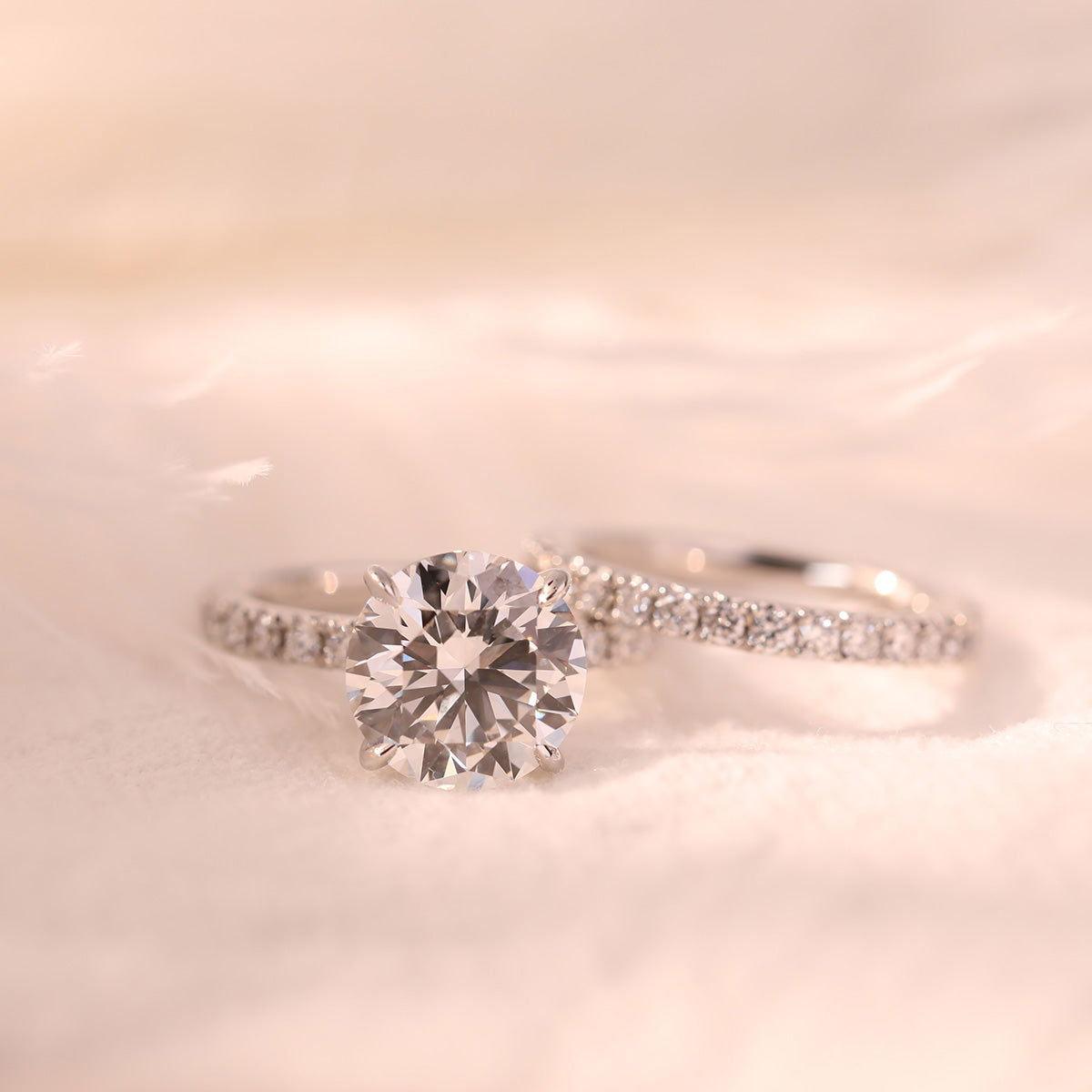 14K White Gold 3 Carat Diamond Ring Bridal Set, Round Brilliant Lab Diamond Hidden Halo Design 14K White Gold 3 Carat Diamond Ring Bridal Set, Round Brilliant Lab Diamond Hidden Halo Design