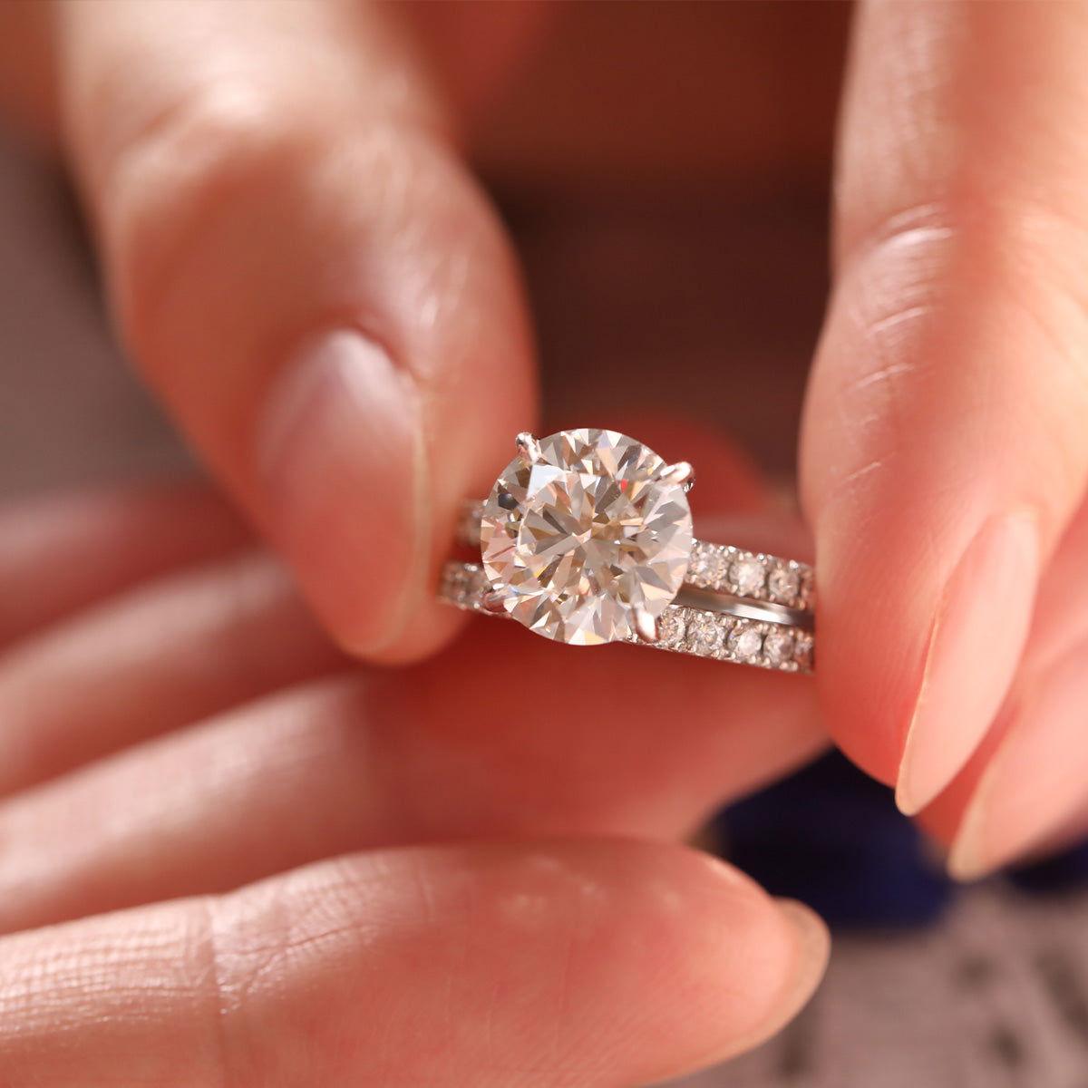 14K White Gold 3 Carat Diamond Ring Bridal Set, Round Brilliant Lab Diamond Hidden Halo Design 14K White Gold 3 Carat Diamond Ring Bridal Set, Round Brilliant Lab Diamond Hidden Halo Design
