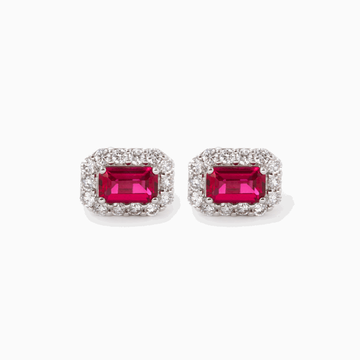 14K White Gold Emerald Cut Ruby Lab Diamond Halo Turquoise Stud Earrings 14K White Gold Emerald Cut Ruby Lab Diamond Halo Turquoise Stud Earrings