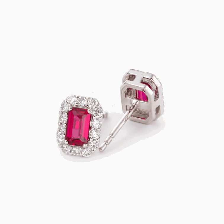 14K White Gold Emerald Cut Ruby Lab Diamond Halo Turquoise Stud Earrings 14K White Gold Emerald Cut Ruby Lab Diamond Halo Turquoise Stud Earrings