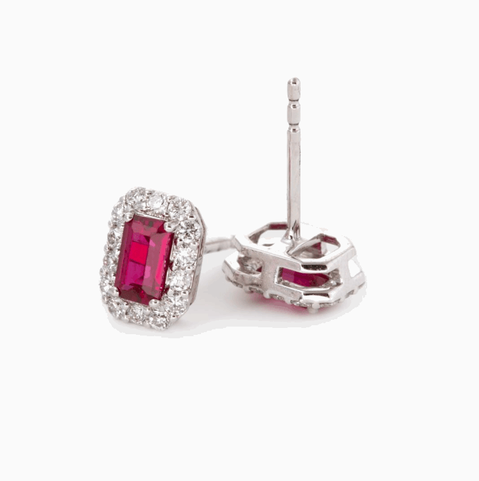 14K White Gold Emerald Cut Ruby Lab Diamond Halo Turquoise Stud Earrings 14K White Gold Emerald Cut Ruby Lab Diamond Halo Turquoise Stud Earrings