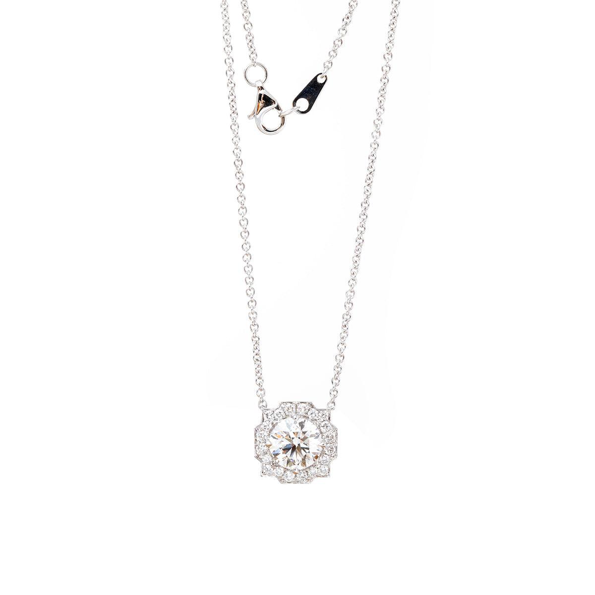 14K Round Brilliant Cut Lab Diamond Halo Setting White Gold Necklace 14K Round Brilliant Cut Lab Diamond Halo Setting White Gold Necklace