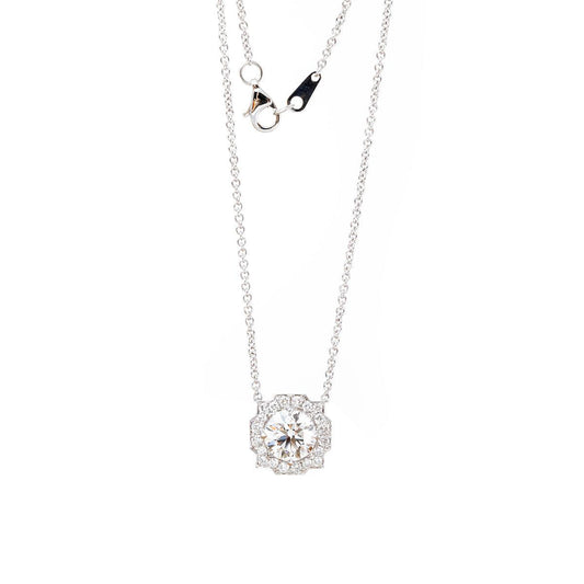 14K Round Brilliant Cut Lab Diamond Halo Setting White Gold Necklace