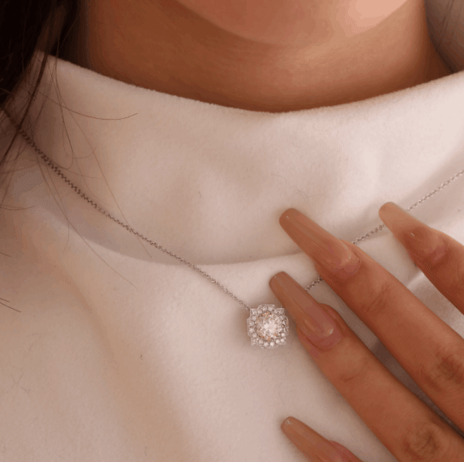 14K Round Brilliant Cut Lab Diamond Halo Setting White Gold Necklace 14K Round Brilliant Cut Lab Diamond Halo Setting White Gold Necklace