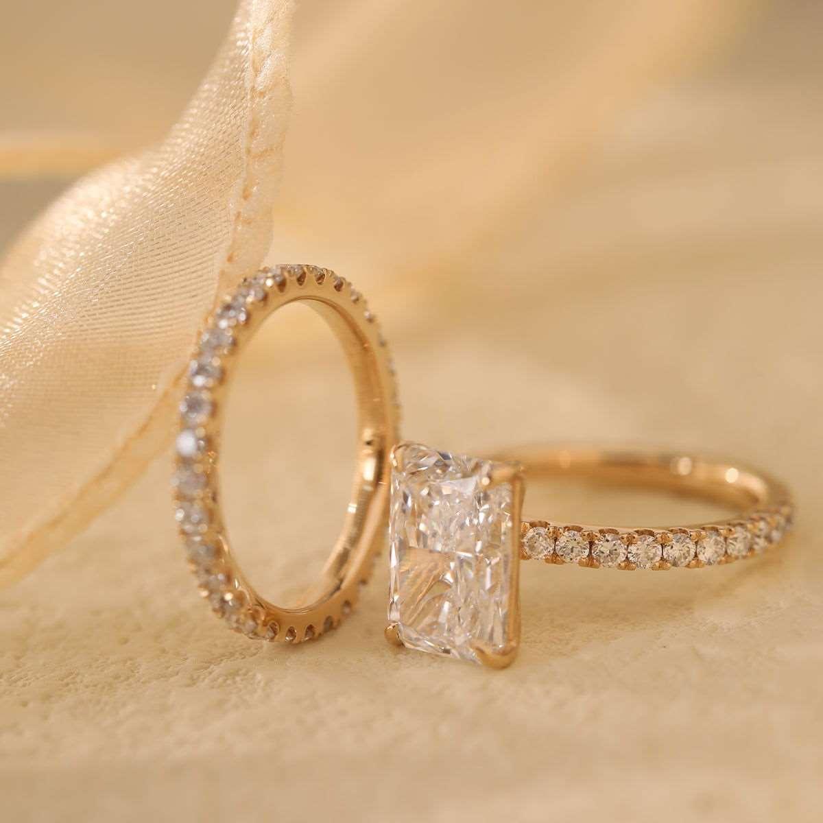14K Yellow Gold 3ct Radiant Cut Lab Diamond 4 Prongs Basket Setting Bridal Set Rings 14K Yellow Gold 3ct Radiant Cut Lab Diamond 4 Prongs Basket Setting Bridal Set Rings