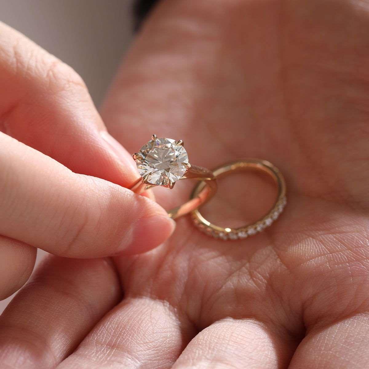 14K Yellow Gold 3ct Round Lab Diamond 6 Prongs Floral Setting Bridal Ring Set 14K Yellow Gold 3ct Round Lab Diamond 6 Prongs Floral Setting Bridal Ring Set