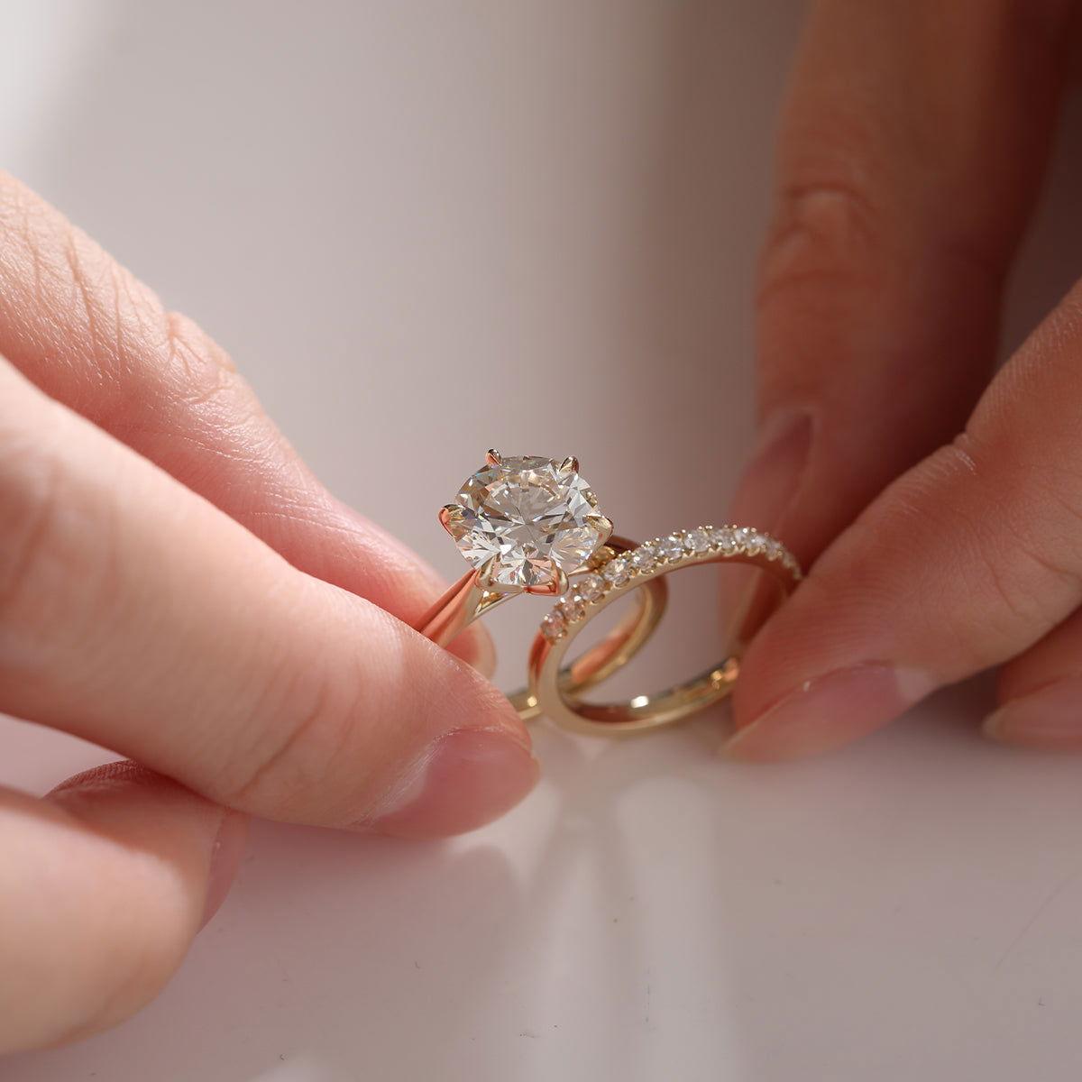 14K Yellow Gold 3ct Round Lab Diamond 6 Prongs Floral Setting Bridal Ring Set 14K Yellow Gold 3ct Round Lab Diamond 6 Prongs Floral Setting Bridal Ring Set