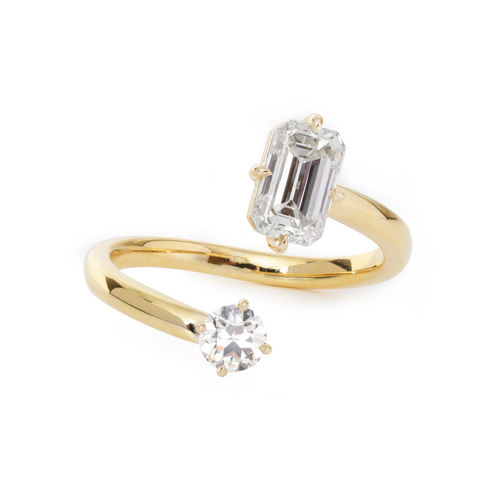 14K Yellow Gold Old European Cut & Emerald Cut Lab Diamond Toi et Moi Ring 14K Yellow Gold Old European Cut & Emerald Cut Lab Diamond Toi et Moi Ring