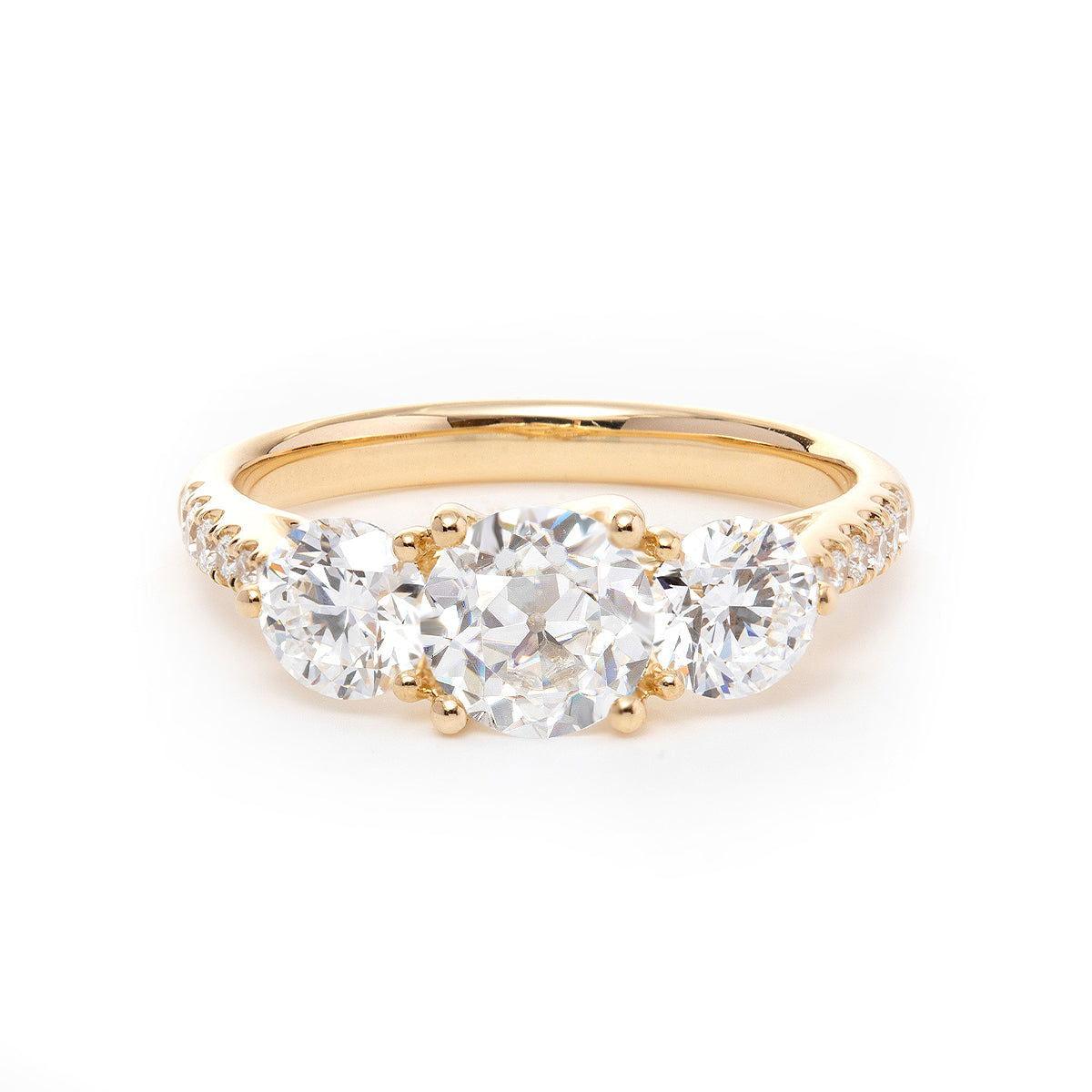 14K Yellow Gold Old European Cut Lab Diamond Pave Three Stone 14K Yellow Gold Old European Cut Lab Diamond Pave Three Stone