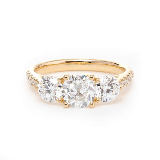 14K Yellow Gold Old European Cut Lab Diamond Pave Three Stone