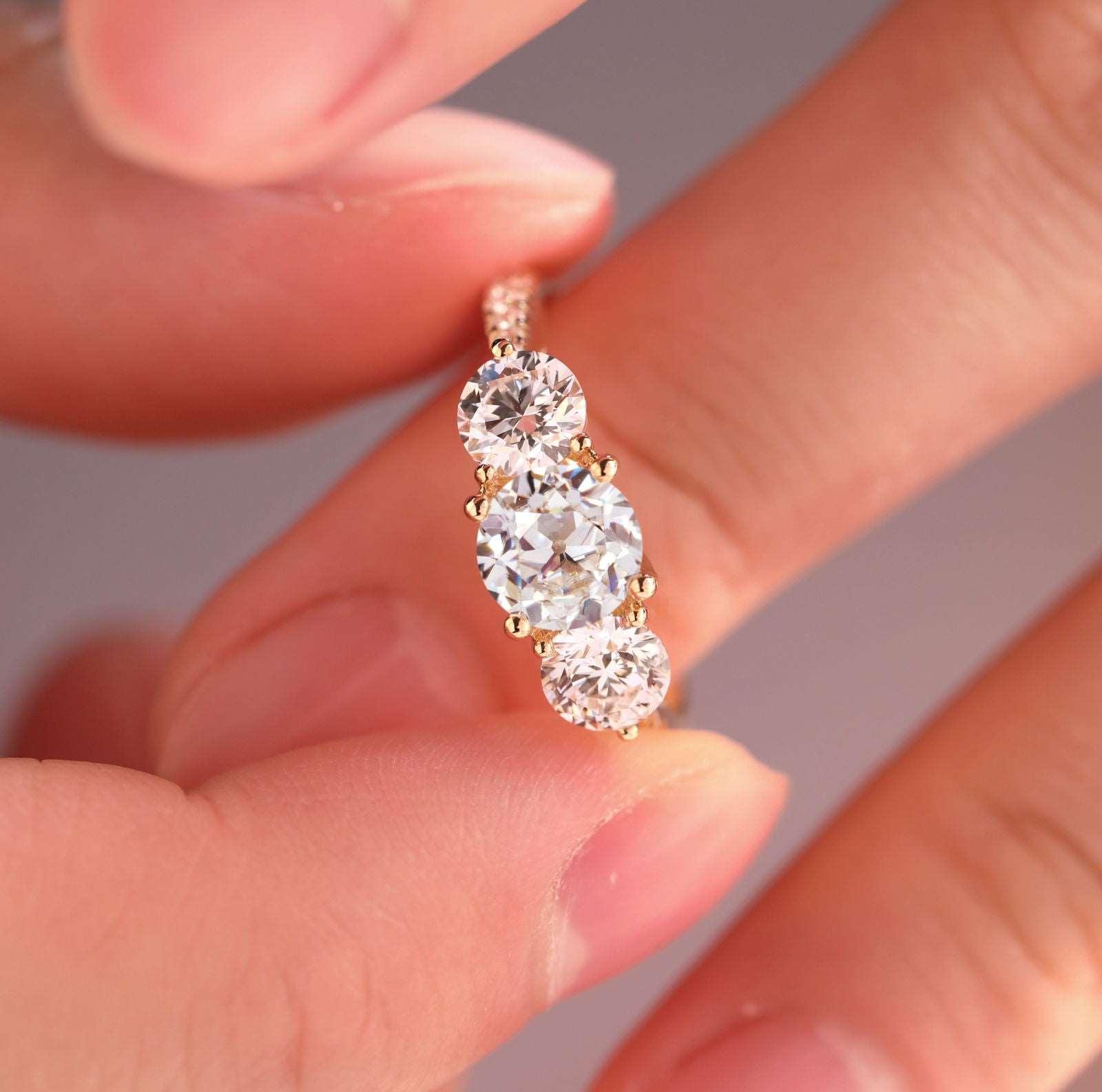 14K Yellow Gold Old European Cut Lab Diamond Pave Three Stone 14K Yellow Gold Old European Cut Lab Diamond Pave Three Stone