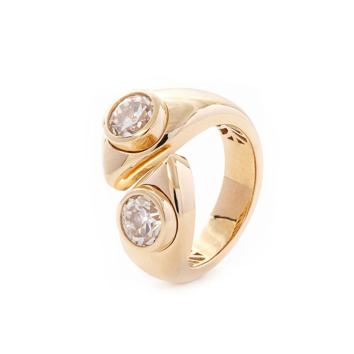 14K Yellow Gold Old European Cut Lab Diamond Toi et Moi Ring 14K Yellow Gold Old European Cut Lab Diamond Toi et Moi Ring