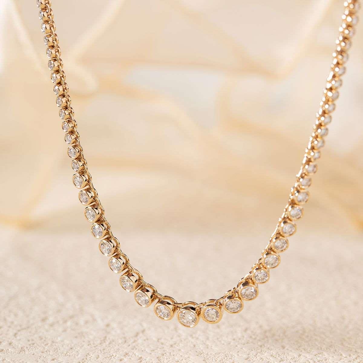 14K Yellow Gold Round Brilliant Cut Lab Diamond Bezel Setting Tennis Chain Necklace 14K Yellow Gold Round Brilliant Cut Lab Diamond Bezel Setting Tennis Chain Necklace
