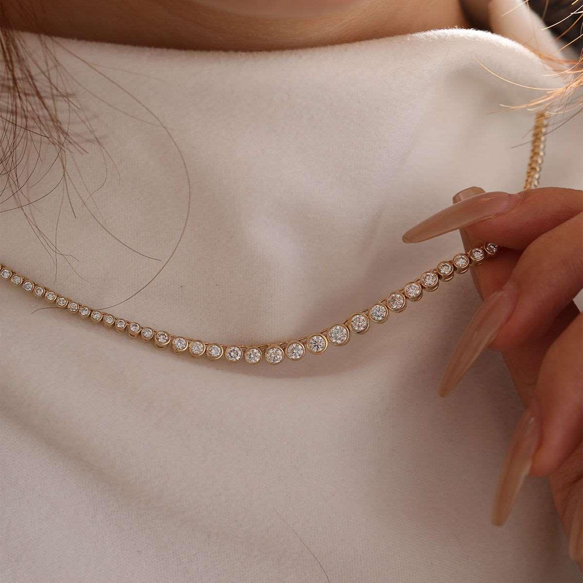 14K Yellow Gold Round Brilliant Cut Lab Diamond Bezel Setting Tennis Chain Necklace 14K Yellow Gold Round Brilliant Cut Lab Diamond Bezel Setting Tennis Chain Necklace