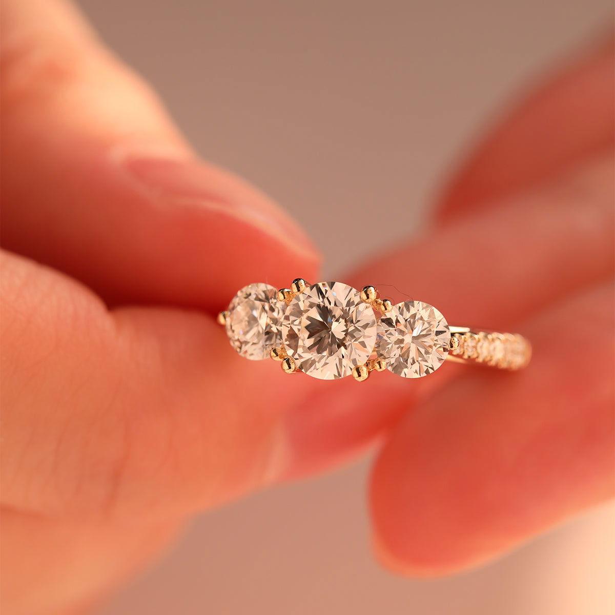14K Yellow Gold Round Brilliant Cut Lab Diamond Pave Three Stone Ring 14K Yellow Gold Round Brilliant Cut Lab Diamond Pave Three Stone Ring