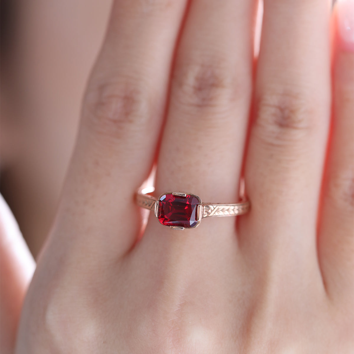 14K Rose Gold 1ct Elongated Cushion Pigeon Blood Lab Ruby Half Bezel Solitaire Ring 14K Rose Gold 1ct Elongated Cushion Pigeon Blood Lab Ruby Half Bezel Solitaire Ring