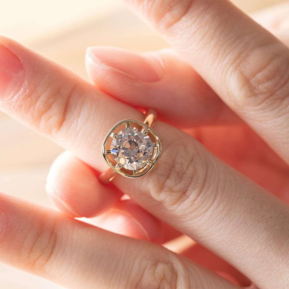 14K Yellow Gold 2.5ct Antique Old Mine Cut Diamond Basket Setting Ring with Smooth Ring Cut Design 14K Yellow Gold 2.5ct Antique Old Mine Cut Diamond Basket Setting Ring with Smooth Ring Cut Design