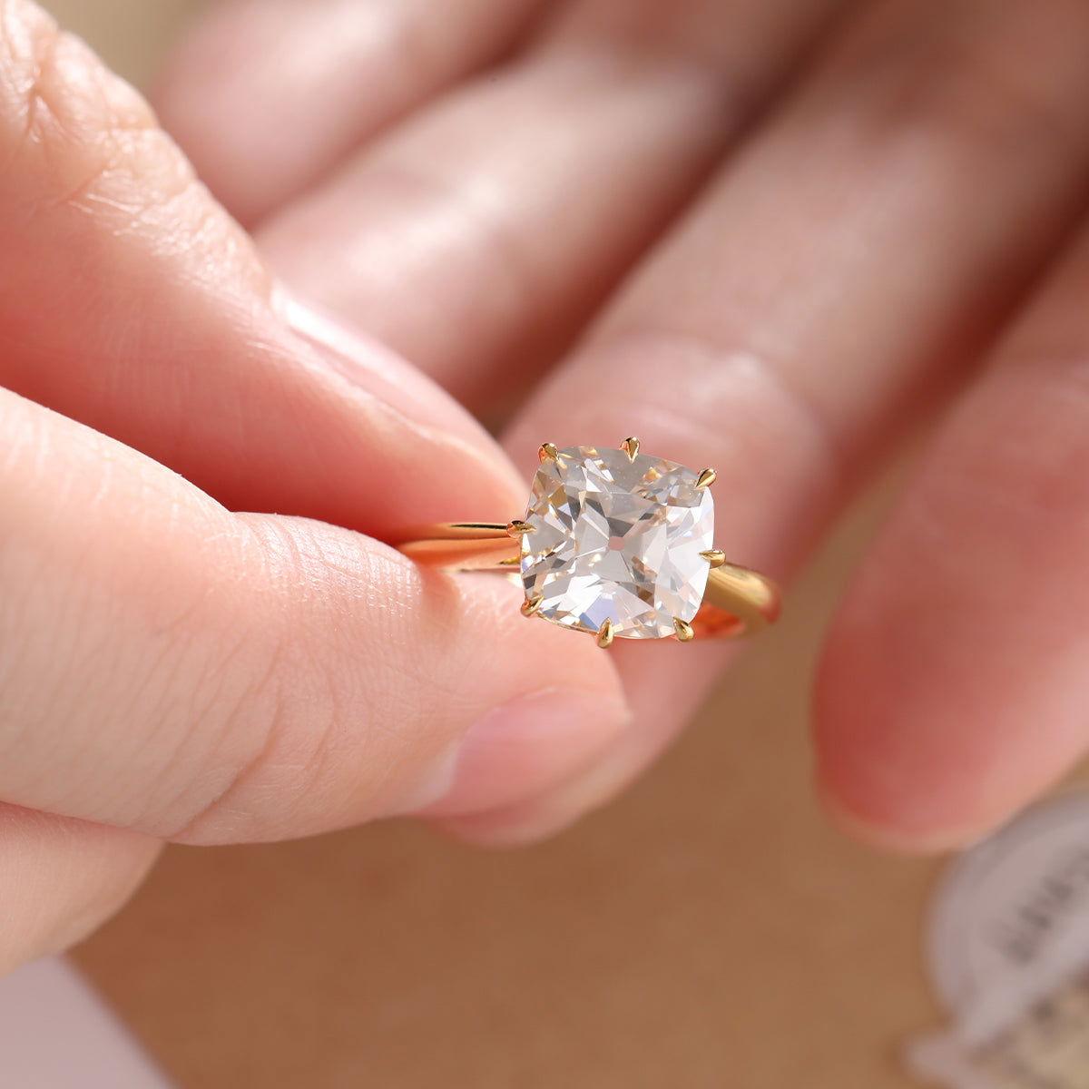 14k Yellow Gold 2.5ct Old Mine Cut Cushion Lab Diamond 8 Prongs Basket Solitaire Ring 14k Yellow Gold 2.5ct Old Mine Cut Cushion Lab Diamond 8 Prongs Basket Solitaire Ring