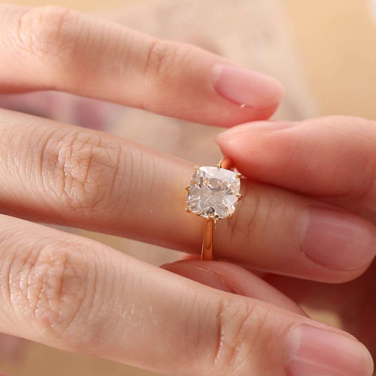 14k Yellow Gold 2.5ct Old Mine Cut Cushion Lab Diamond 8 Prongs Basket Solitaire Ring 14k Yellow Gold 2.5ct Old Mine Cut Cushion Lab Diamond 8 Prongs Basket Solitaire Ring