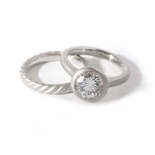 14k Yellow Gold Round Lab Diamond Bezel Matte Bridal Set Rings Platinum