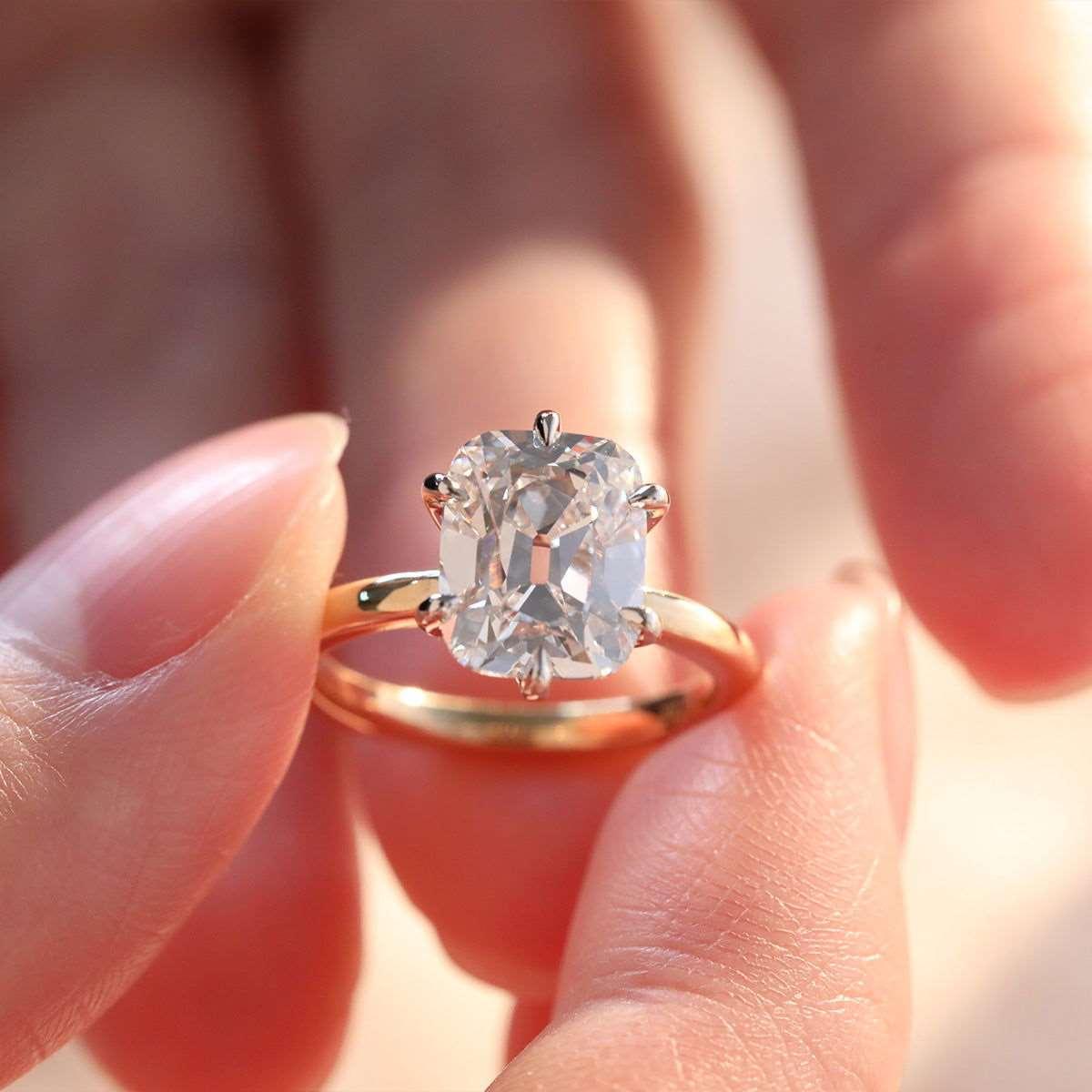 14k Yellow Gold & White Gold 3ct Elongated Old Mine Cut Lab Diamond Floral Basket Solitaire Ring 14k Yellow Gold & White Gold 3ct Elongated Old Mine Cut Lab Diamond Floral Basket Solitaire Ring