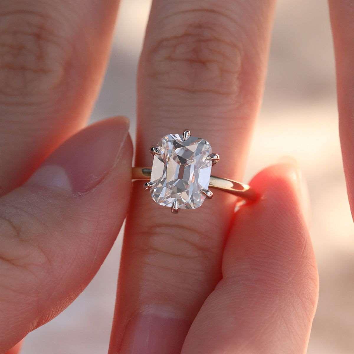 14k Yellow Gold & White Gold 3ct Elongated Old Mine Cut Lab Diamond Floral Basket Solitaire Ring 14k Yellow Gold & White Gold 3ct Elongated Old Mine Cut Lab Diamond Floral Basket Solitaire Ring