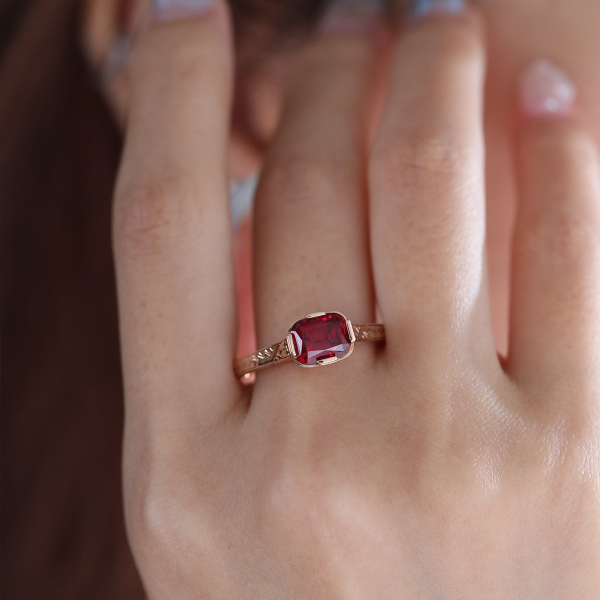 14K Rose Gold 1ct Elongated Cushion Pigeon Blood Lab Ruby Half Bezel Solitaire Ring 14K Rose Gold 1ct Elongated Cushion Pigeon Blood Lab Ruby Half Bezel Solitaire Ring