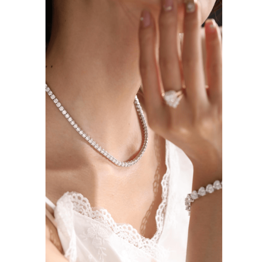Platinum 23 ct tw Round Brilliant Cut Lab Diamond Four Prong Basket Tennis Chain Necklace Platinum 23 ct tw Round Brilliant Cut Lab Diamond Four Prong Basket Tennis Chain Necklace