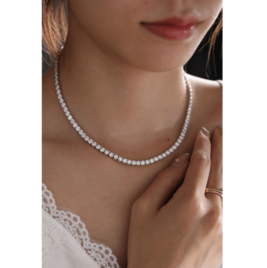 Platinum 23 ct tw Round Brilliant Cut Lab Diamond Four Prong Basket Tennis Chain Necklace Platinum 23 ct tw Round Brilliant Cut Lab Diamond Four Prong Basket Tennis Chain Necklace