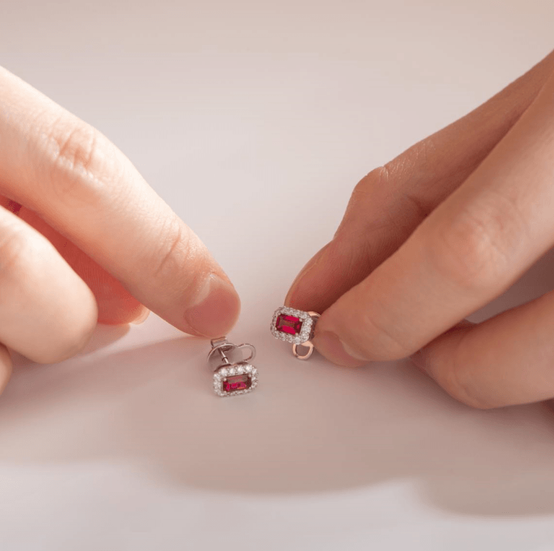 14K White Gold Emerald Cut Ruby Lab Diamond Halo Turquoise Stud Earrings 14K White Gold Emerald Cut Ruby Lab Diamond Halo Turquoise Stud Earrings