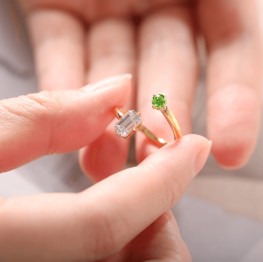 14K Yellow Gold Emerald Cut Lab Diamond & Round Peridot Toi et Moi Ring 14K Yellow Gold Emerald Cut Lab Diamond & Round Peridot Toi et Moi Ring