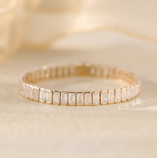 14K Yellow Gold Emerald Cut Lab Diamond Half Bezel Tennis Bracelet
