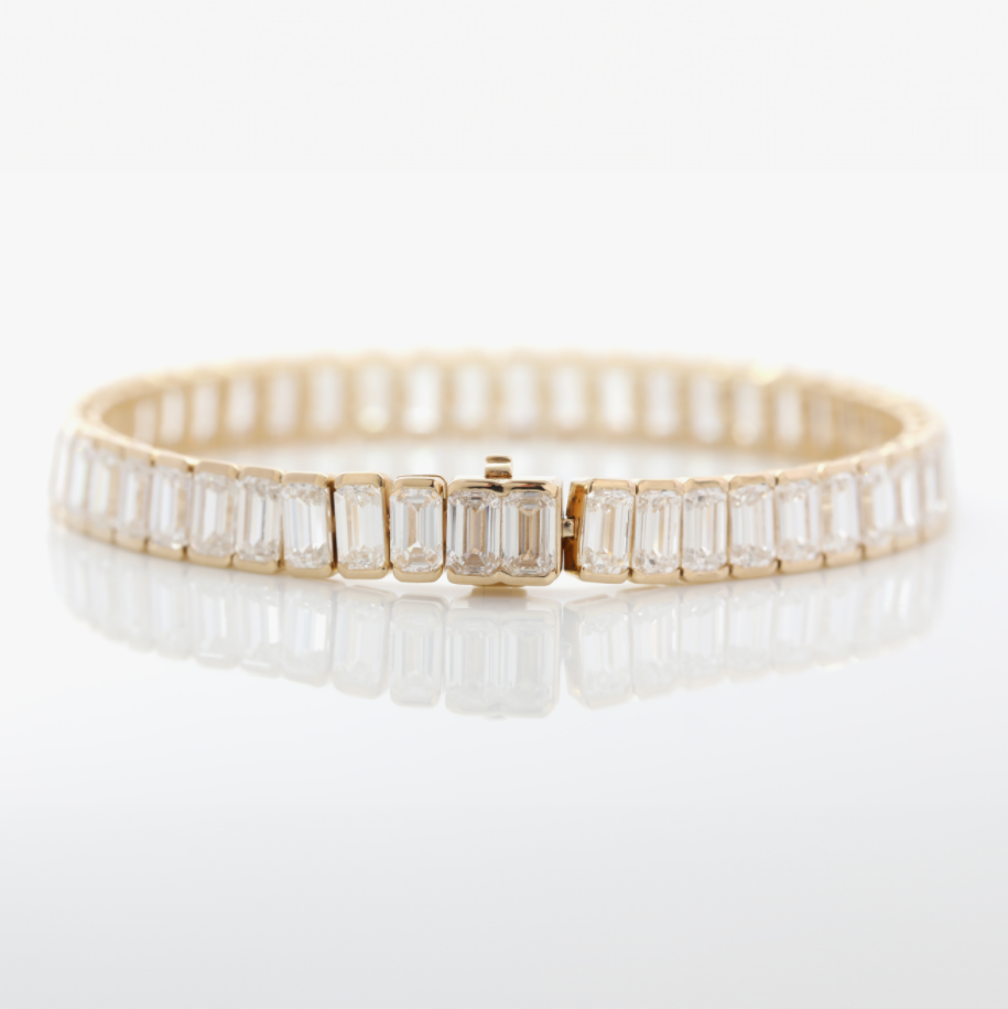 14K Yellow Gold Emerald Cut Lab Diamond Half Bezel Tennis Bracelet 14K Yellow Gold Emerald Cut Lab Diamond Half Bezel Tennis Bracelet