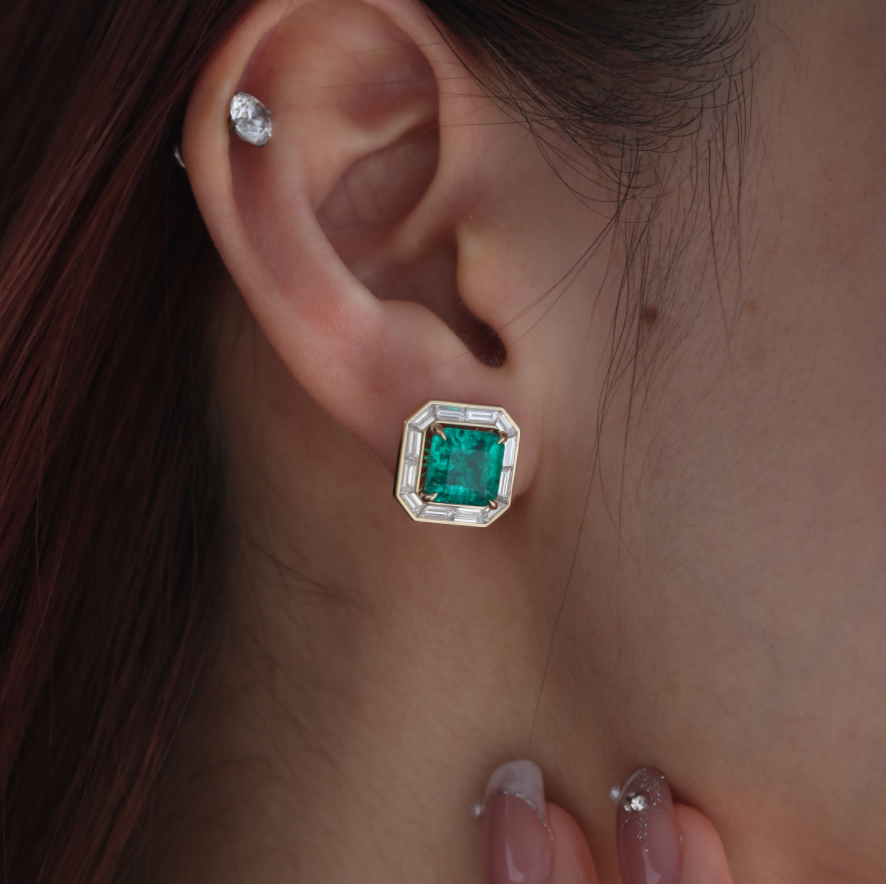 14K Yellow Gold 4.5 ct tw Asshcer Cut Colombian Lab Emerald Halo Stud Earrings 14K Yellow Gold 4.5 ct tw Asshcer Cut Colombian Lab Emerald Halo Stud Earrings