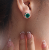 14K White Gold 3 ct tw Round Zambian Lab Emerald Bezel Stud Earrings 14K White Gold 3 ct tw Round Zambian Lab Emerald Bezel Stud Earrings