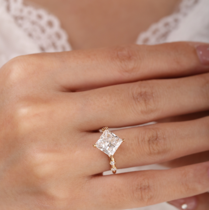 18K Yellow Gold 3.5ct Princess Cut Lab Diamond Vintage Ring with Marquise Cut and Round Lab Diamond Side-stones 18K Yellow Gold 3.5ct Princess Cut Lab Diamond Vintage Ring with Marquise Cut and Round Lab Diamond Side-stones