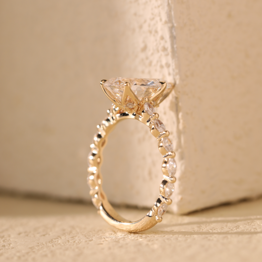 14K Yellow Gold 3ct Pear Cut Lab Diamond 5 Claw Prongs Floral Basket Engagement Ring with Marquise Cut and Round Cut Diamond Side-stones 14K Yellow Gold 3ct Pear Cut Lab Diamond 5 Claw Prongs Floral Basket Engagement Ring with Marquise Cut and Round Cut Diamond Side-stones