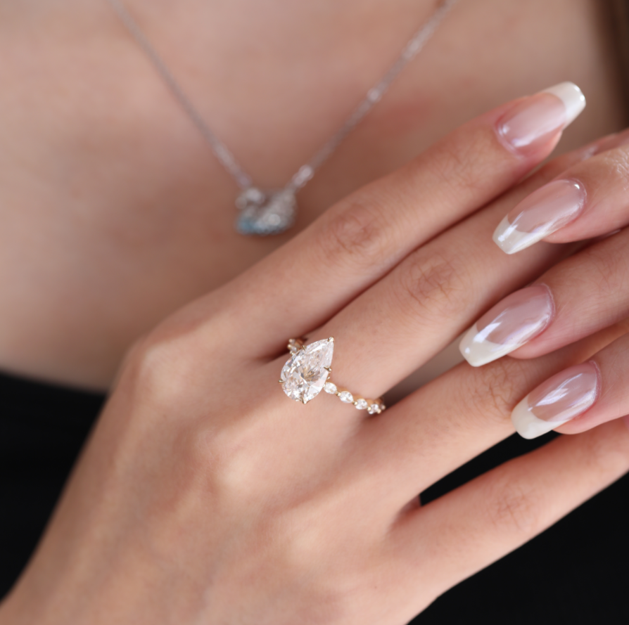14K Yellow Gold 3ct Pear Cut Lab Diamond 5 Claw Prongs Floral Basket Engagement Ring with Marquise Cut and Round Cut Diamond Side-stones 14K Yellow Gold 3ct Pear Cut Lab Diamond 5 Claw Prongs Floral Basket Engagement Ring with Marquise Cut and Round Cut Diamond Side-stones