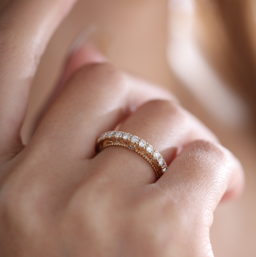 18K Yellow Gold Round Cut Lab Diamond Millegrain and Foral Design Eternity Ring 18K Yellow Gold Round Cut Lab Diamond Millegrain and Foral Design Eternity Ring
