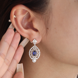 18K White Gold 7*5mm Oval Royal Blue Lab Sapphire and Lab Diamond Victorian Peacock Plume Chandelier Earrings 18K White Gold 7*5mm Oval Royal Blue Lab Sapphire and Lab Diamond Victorian Peacock Plume Chandelier Earrings
